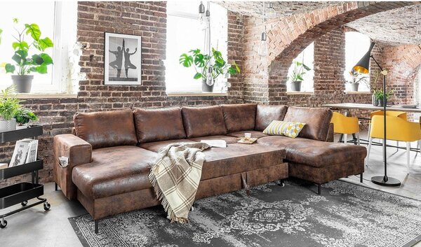 Lofty Lilly Vintage barna kinyitható U alakú bőrutánzat kanapé, jobb oldali - Miuform
