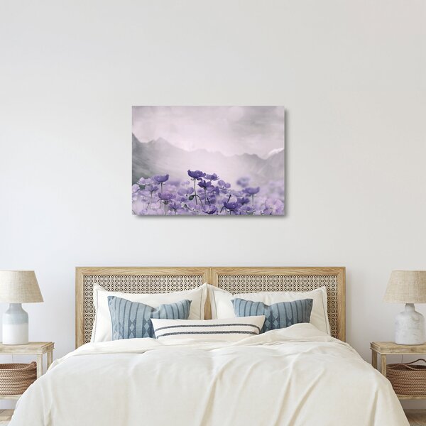 Üveg kép - Lila virágok a hegyekben (70x50 cm)