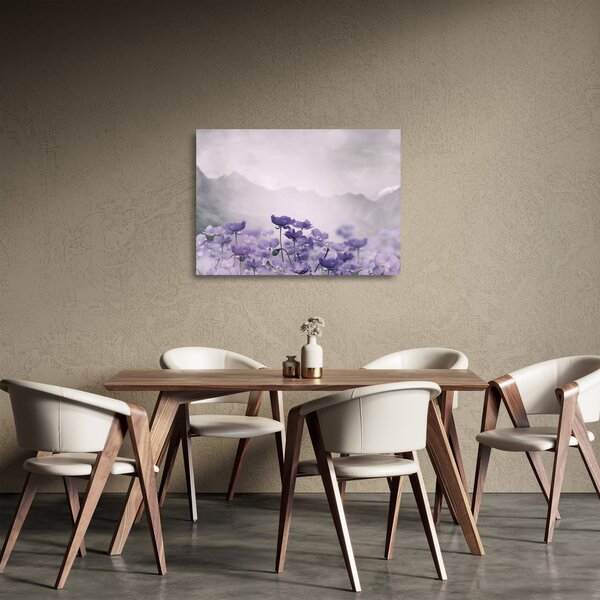 Üveg kép - Lila virágok a hegyekben (70x50 cm)