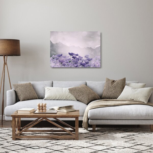 Üveg kép - Lila virágok a hegyekben (70x50 cm)