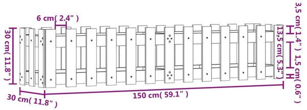 Fehér tömör fenyőfa kerti magaságyás kerítéssel 150x30x30 cm