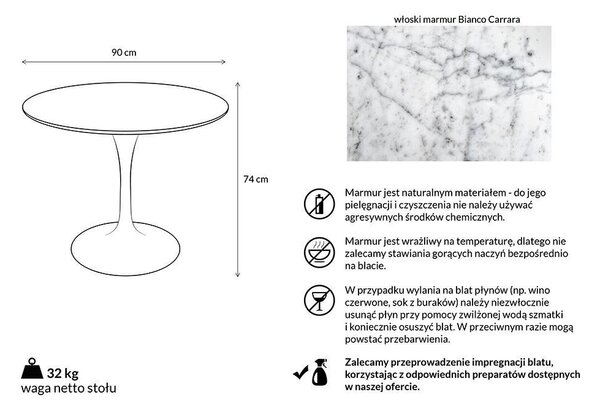 King Home Tulip Marble 90 Kerek Étkezőasztal Carrara Márvány Fehér