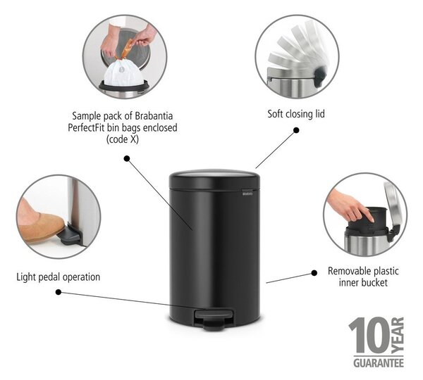 Matt fekete acél pedálos szemetes 12 l NewIcon – Brabantia