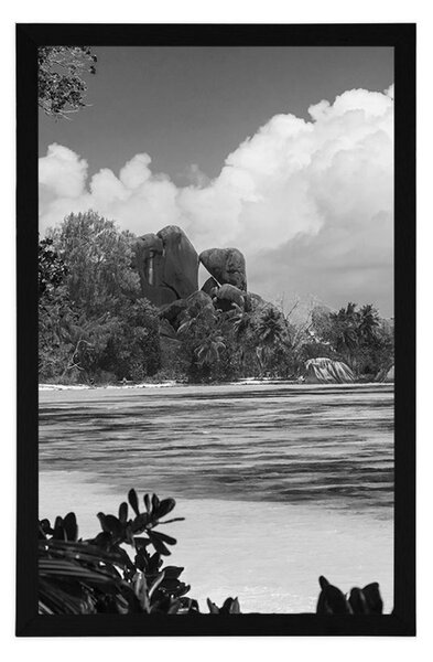 Poszter a La Digue szgeten fekete fehérben