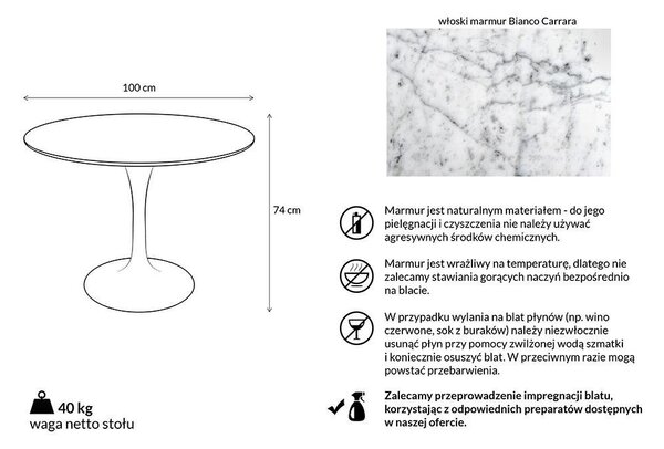 King Home Tulip Marble Kerek Étkezőasztal Carrara Márvány Fehér