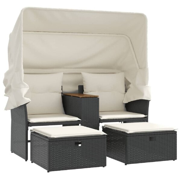 2 személyes fekete polyrattan kerti kanapé baldachinnal/székkel