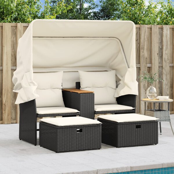 2 személyes fekete polyrattan kerti kanapé baldachinnal/székkel