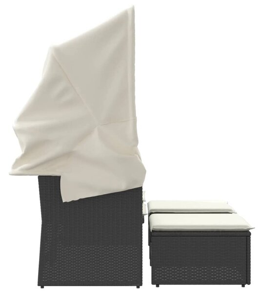 2 személyes fekete polyrattan kerti kanapé baldachinnal/székkel