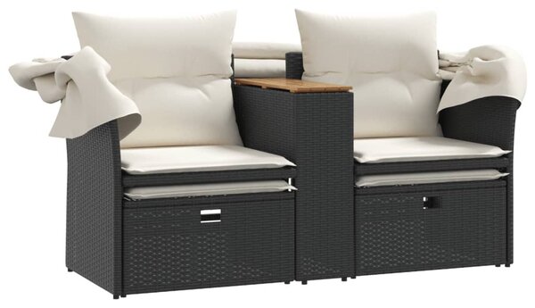 2 személyes fekete polyrattan kerti kanapé baldachinnal/székkel