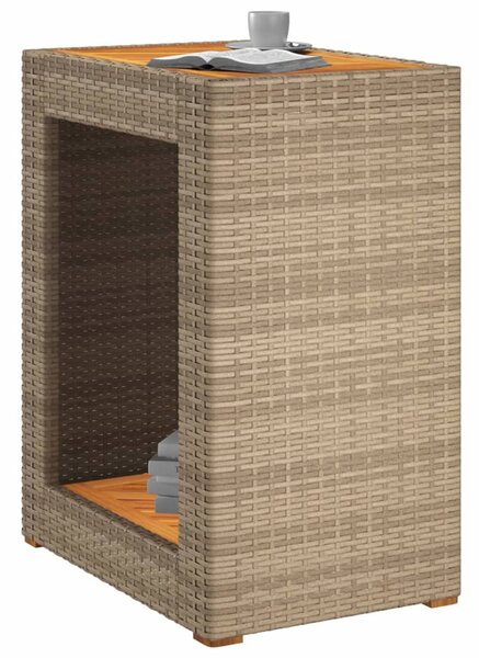 Bézs polyrattan kerti kisasztal fa asztallappal 60x40x75 cm