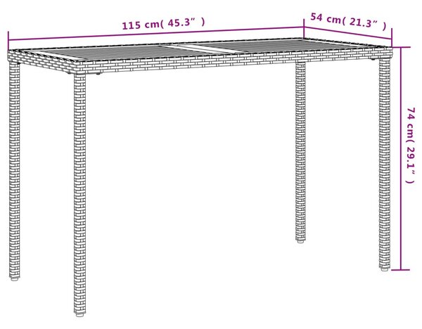 Fekete polyrattan akácfa lapos kerti asztal 115x54x74 cm