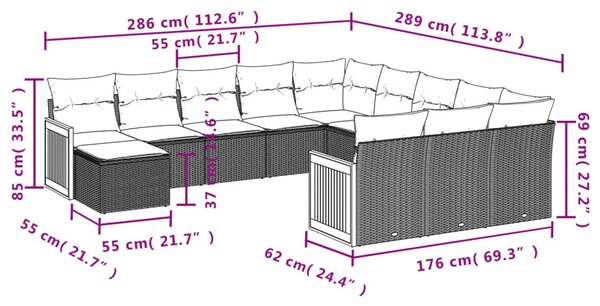 12 részes fekete polyrattan kerti ülőgarnitúra párnákkal