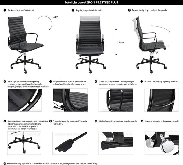King Home Aeron Prestige Plus Valódi Bőr Irodai Szék Fekete