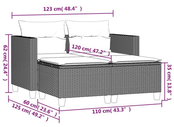 2 személyes világosszürke polyrattan kerti kanapé zsámolyokkal