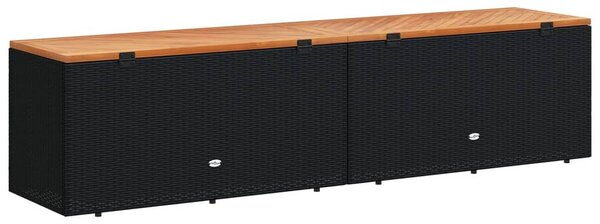 Fekete polyrattan és akácfa kerti tárolóláda 220 x 50 x 54 cm