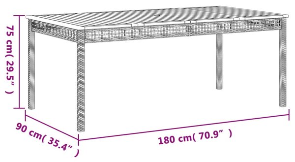 Szürke polyrattan és akácfa kerti asztal 180 x 90 x 75 cm