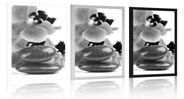 Poszter SPA kövek és orchidea fekete fehérben