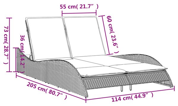 Fekete polyrattan napozóágy párnákkal 114x205x73 cm