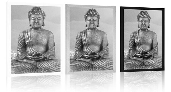 Poszter Buddha szobor meditáló helyzetben fekete fehérben
