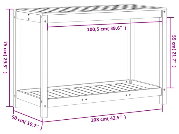 Tömör fenyőfa ültetőasztal polccal 108x50x75 cm