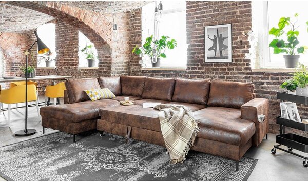 Lofty Lilly Vintage barna kinyitható U alakú bőrutánzat kanapé, bal oldali - Miuform