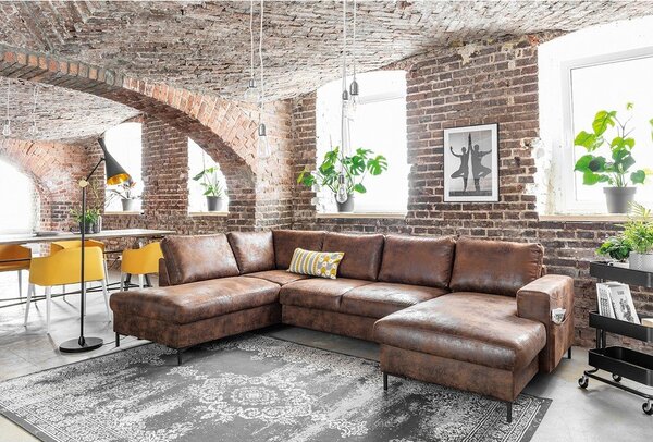 Lofty Lilly Vintage barna kinyitható U alakú bőrutánzat kanapé, bal oldali - Miuform