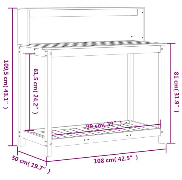 Tömör duglászfenyő ültetőasztal polcokkal 108 x 50 x 109,5 cm