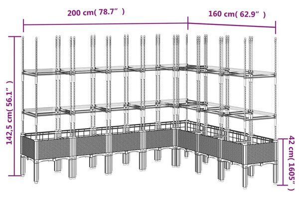 Világosszürke PP rácsos kerti ültetőláda 200 x 160 x 142,5 cm