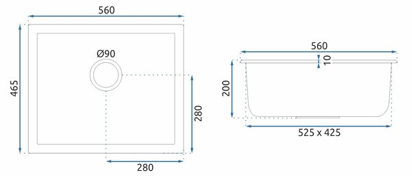 Rea Nels, 1 rekeszes gránit mosogató 560x465x200 mm, fekete pettyes, ZLE-00114