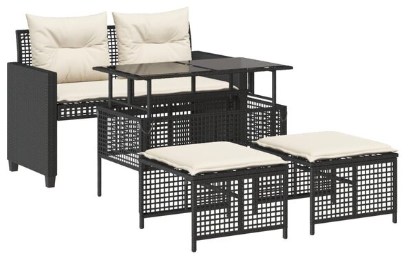 4 részes fekete polyrattan üveg kerti ülőgarnitúra párnával