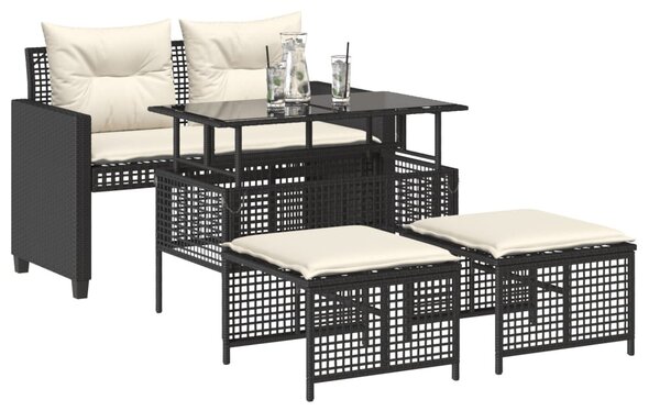 4 részes fekete polyrattan üveg kerti ülőgarnitúra párnával