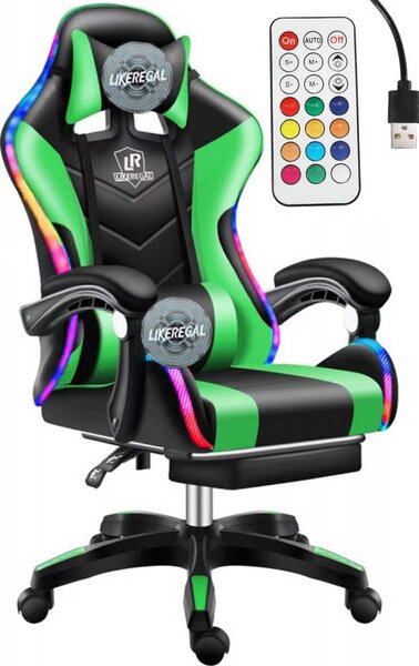 Likeregal 920 LED gamer szék lábtartóval zöld masszázs funkcióval