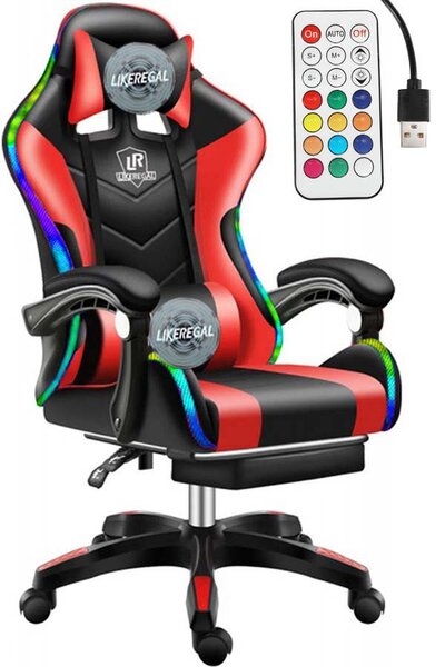 Likeregal 920 LED gamer szék lábtartóval piros masszázs funkcióval