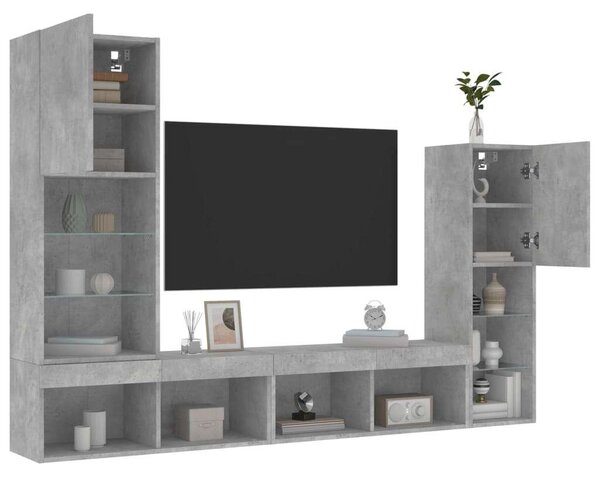 VidaXL 4 darab betonszürke szerelt fa fali TV-bútor LED-del