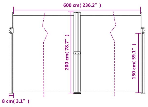 Krémszínű behúzható oldalsó napellenző 200 x 600 cm