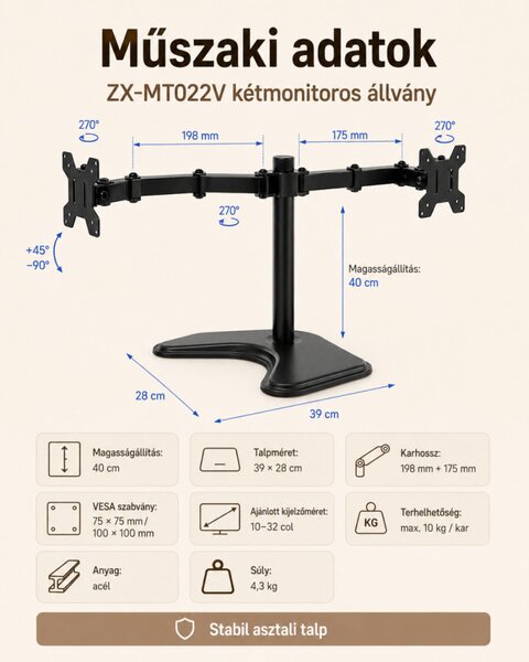 Dupla monitor tartó állvány 10–32 colos kijelzőkhöz, forgatható és állítható mechanikus karral