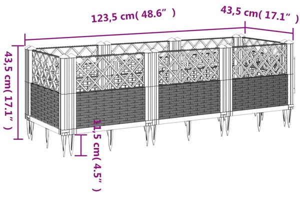 Kékszürke PP kerti virágláda cövekekkel 123,5 x 43,5 x 43,5 cm