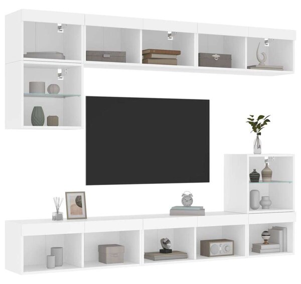VidaXL 8 darab fehér szerelt fa fali TV-bútor LED-del