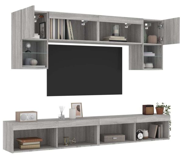 VidaXL 6 darab szürke sonoma színű szerelt fa fali TV-bútor LED-del