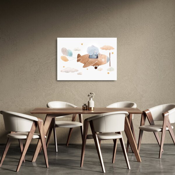Üveg kép - Akvarell elefánt egy repülőgépen (70x50 cm)