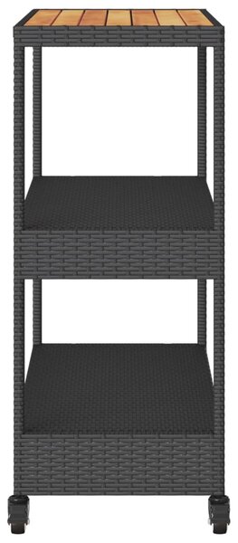 3 szintes fekete polyrattan és tömör akácfa zsúrkocsi