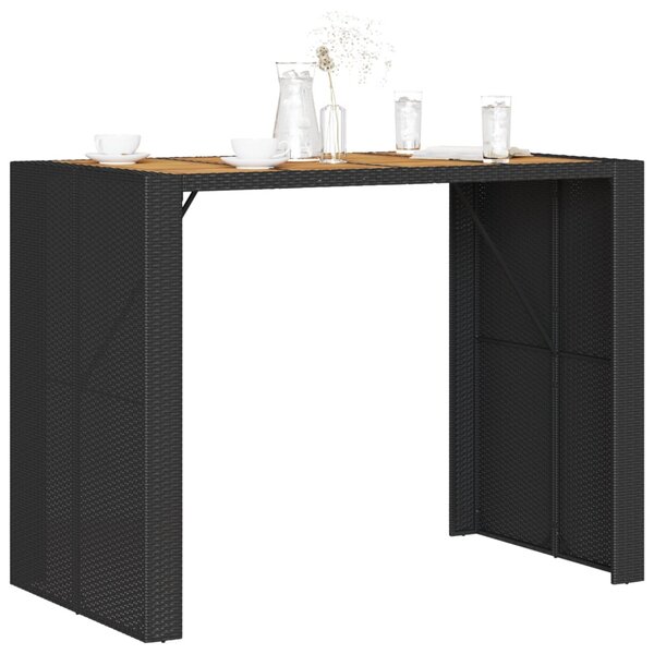 Fekete polyrattan kerti bárasztal akácfa lappal 145x80x110 cm