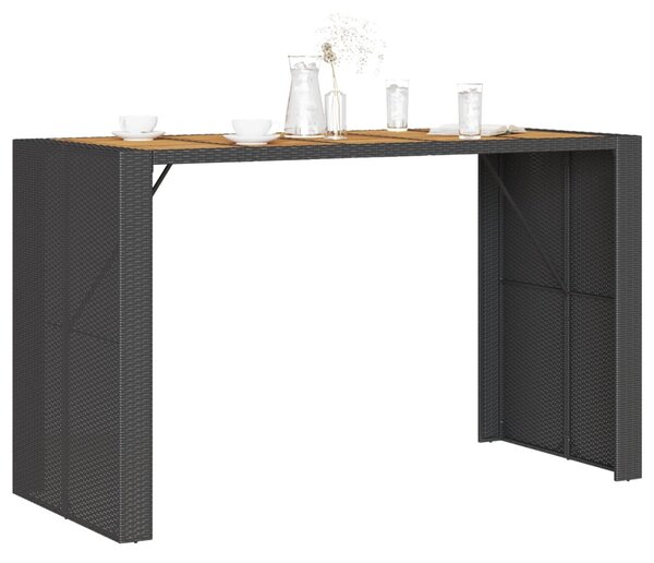 Fekete polyrattan kerti bárasztal akácfa lappal 185x80x110 cm