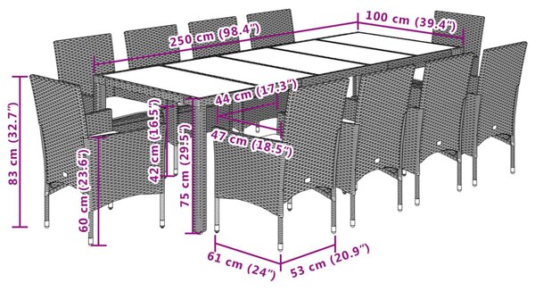 11 részes szürke polyrattan/üveg kerti ülőgarnitúra párnákkal
