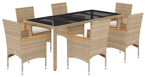 7 részes bézs polyrattan/üveg kerti étkezőgarnitúra párnákkal