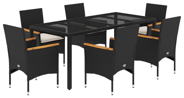 7 részes fekete polyrattan/üveg kerti étkezőgarnitúra párnával