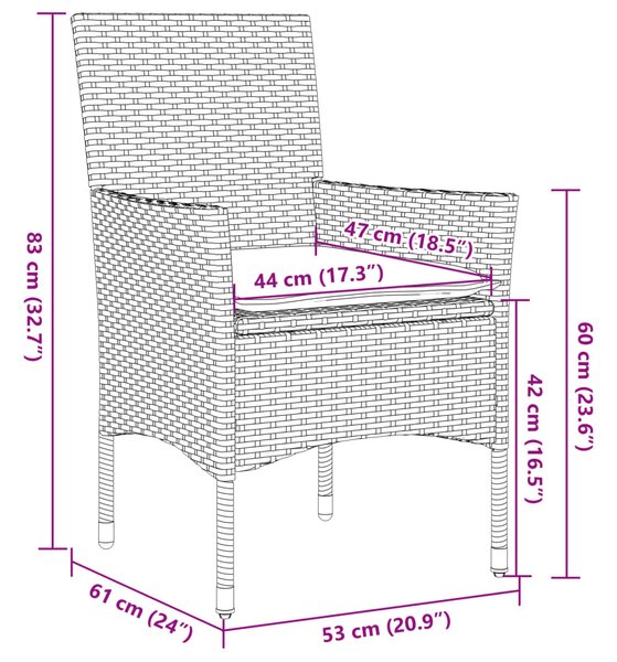 3 részes fekete polyrattan/üveg kerti étkezőgarnitúra párnákkal