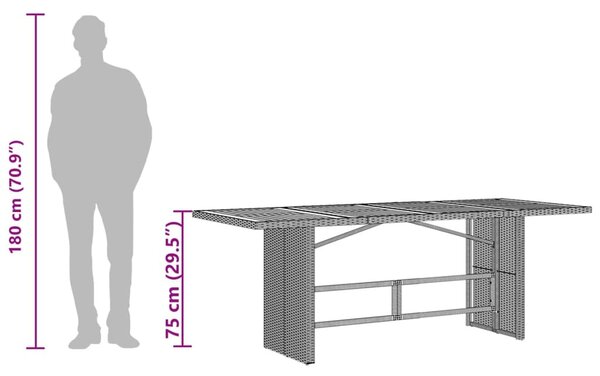 Fekete polyrattan üveglapos kerti asztal 190 x 80 x 75 cm