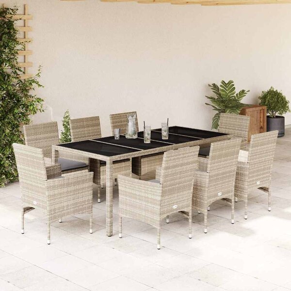 9 részes szürke polyrattan/üveg kerti étkezőgarnitúra párnákkal