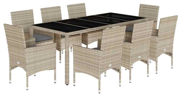 9 részes szürke polyrattan/üveg kerti étkezőgarnitúra párnákkal